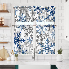 Winter Kitchen Curtains Short and Valance Set Blue Snowflake Dining Room Fabric