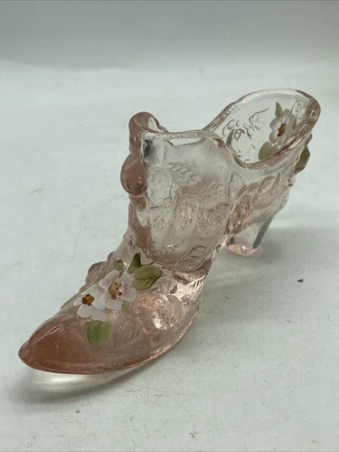 Fenton Pink Shoe Flowers Hand Painted Cabbage Rose Signed Fenton Stickers Vtg J