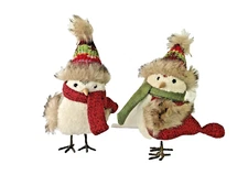 Set of 2 Winter Bird Figurines with Hats Scarves 9" Tall Wire Legs Feet Faux Fur