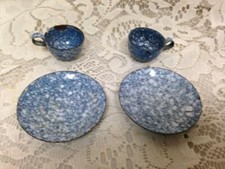 Antique, 4-pc Gray Spotted Graniteware Enamelware Child's Tea Set