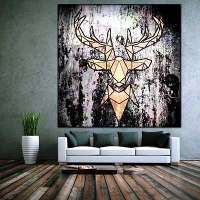 LEINWAND BILD ER XXL POP ART HIRSCH KOPF BUNT GRAFFITI ABSTRAKT POLYGON 130x130