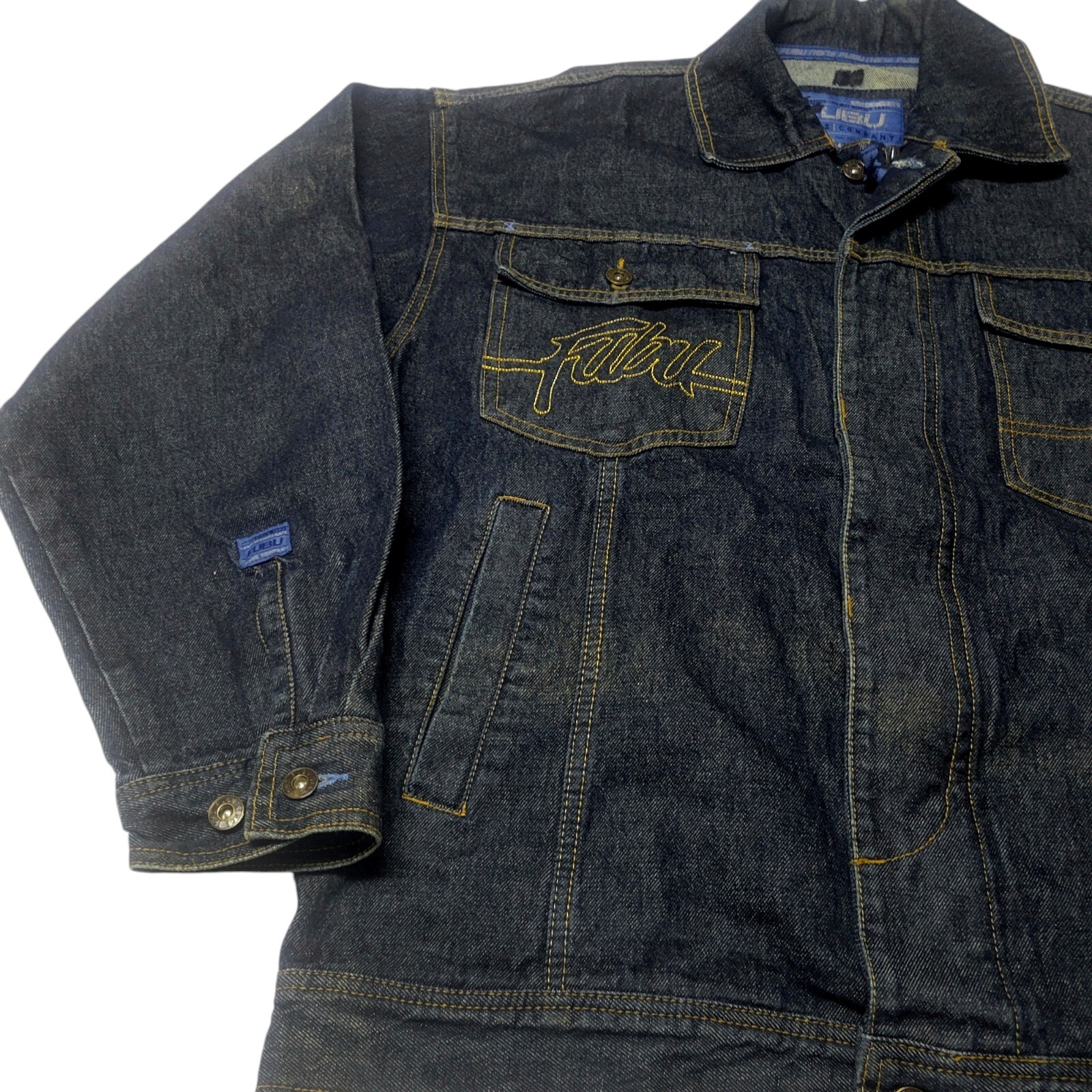 Fubu Denim Jacket Trucker Streetwear Skater Hip Hop 90s Y2k Embriodered Spellout