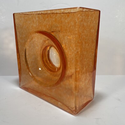 Christian Tortu Orange Diabolo Square Glass Vase Signed MidCentury