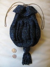 Antique Navy Crochet Iridescent Peacock Blue Bead Tassel Gathered Ball Purse