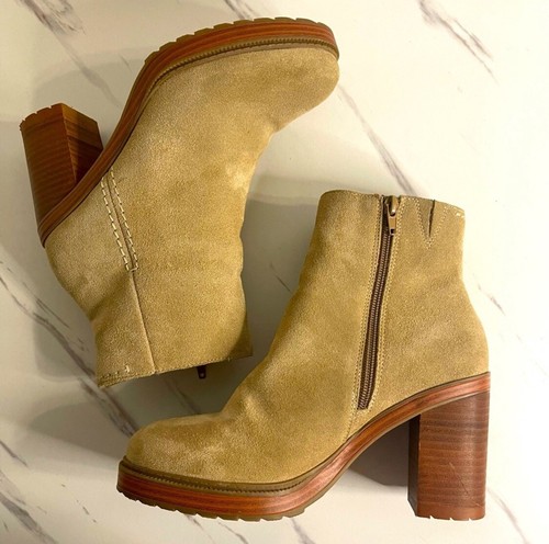 Crown Vintage Bootie Women 8.5 Tan Cognac Amber Suede Chunky Heel - Picture 9 of 12