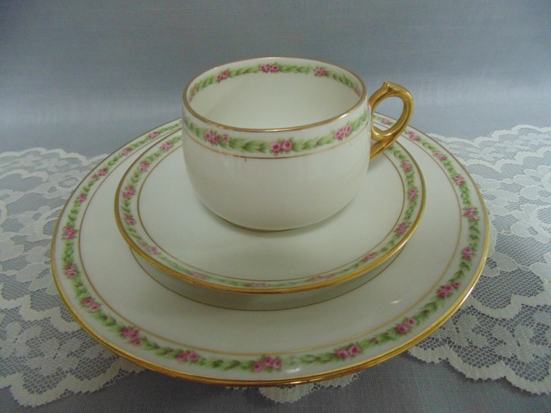 Three Pc. Charles F. Haviland GDA Dessert Plate Cup Saucer Pink Rose Border