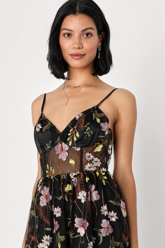 Lulus Radiant Fantasy Black Floral Embroidered Tulle Maxi Dress L NWT Dark Fairy - Picture 7 of 20