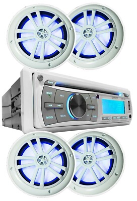 Gravity Marine Boat CD/AM/FM Receiver +4x Gravity 6.5'' Marine Speakers White/LED