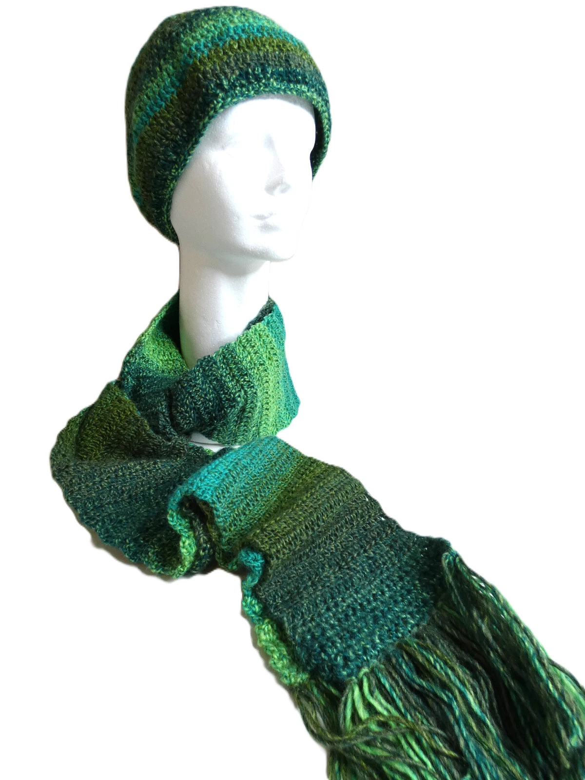 Green Scarf & Hat SET Long Striped Handmade Crochet Beanie St Patricks Day NWT
