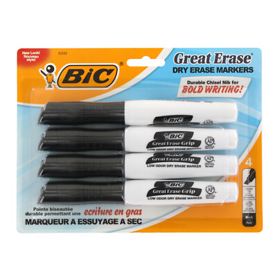 BIC Great Erase Grip XL Dry Erase Markers, Low Odor, Chisel, Black Ink, 4-Count