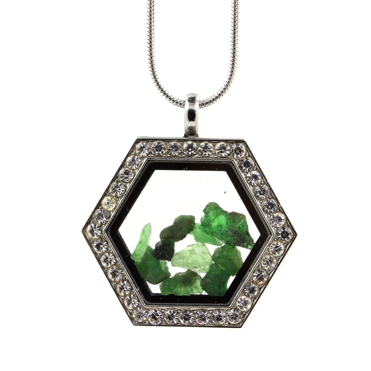 Collier Grenat Tsavorite brut et pendentif Hexagone en argent