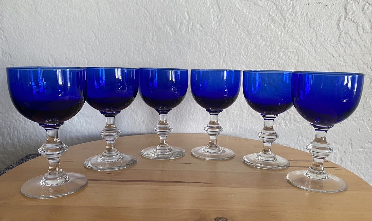 Vintage Cobalt Blue Cordial Wine Glasses Clear Wafer Stem Set Of Six 4.5  Tall