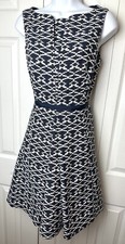 New MAIA Fit & Flare Dress Blue White Geo Ribbon Trim Detail Pleats Texture Sz 2
