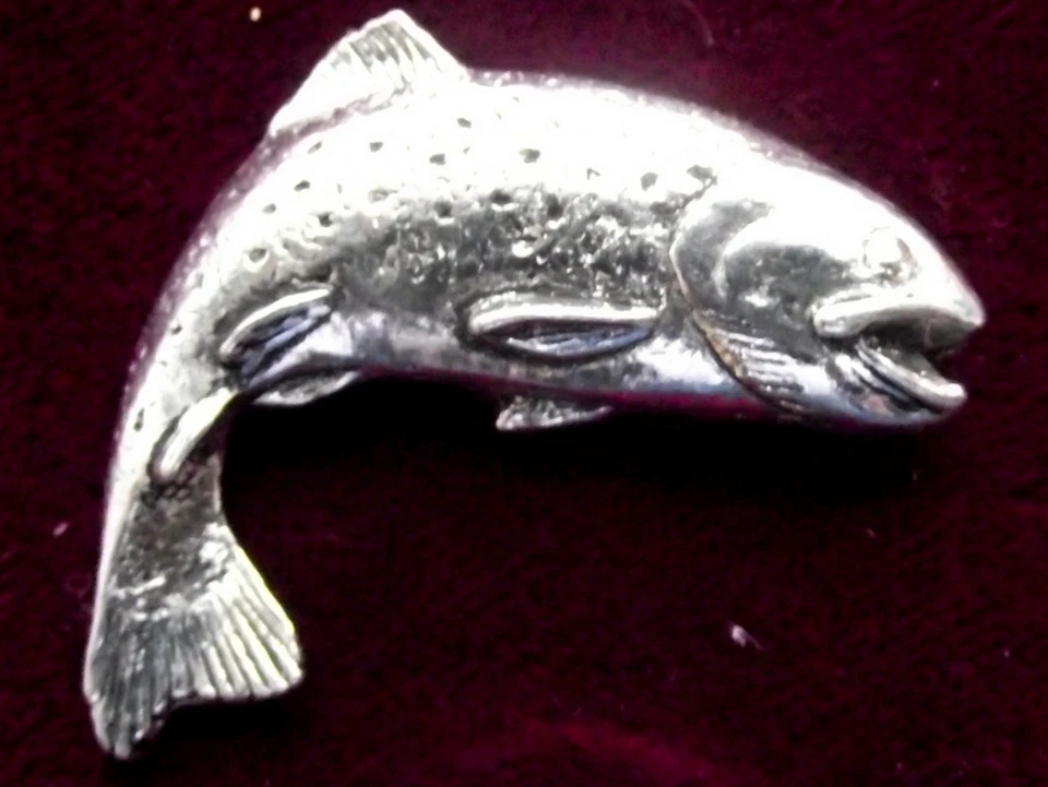 Superb Pewter Rising Brown Trout Fishing Pin