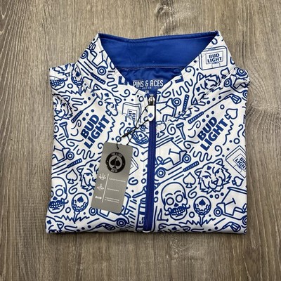 Pins & Aces Golf Co Bud Light 1/4 Zip Pullover Mens Size 2XL Blue AOP NWT