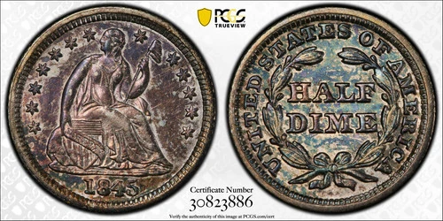 1845 Repunched Date RPD FS-302 Seated Liberty Half Dime H10C PCGS AU55 Pop 4/13