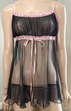 Vintage Victoria's Secret Y2K Black  Pink Mesh Babydoll Chemise Lingerie Size M