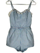 Jantzen Swimsuit Playsuit Swimwear  50s Gingham Size 14 Blue Vintage