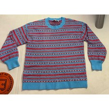 Loft Womens Blue Red Fair Isle Stripe Crewneck Knit Sweater Size M