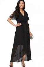 SL Fashions Maxi Dress Women’s Size 4 Black Ruffled Wrap Belted Hi-Low NWT