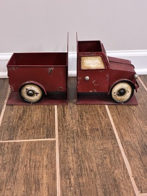 Decorative Vintage Metal Book Ends Distressed Red Pickup Truck Book Ends