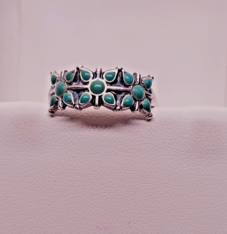 Vintage Navajo Turquoise Beaded Flowers Sterling Silver Flower Band Ring Sz5.75