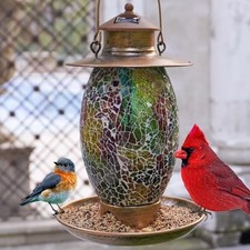Bird Feeder for Outdoor Hanging with Mosaic Stained Glass, Solar Lights, Gold