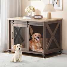 Large Dog Crate Wooden Kennel Heavy Duty Cage w/ Tray End Table Wheels Furniture