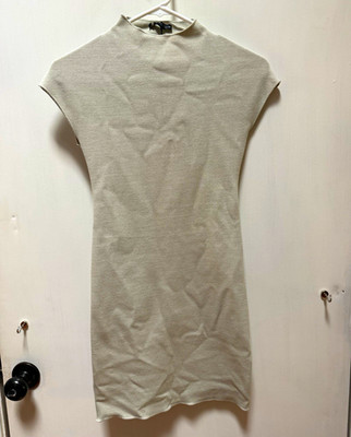 ZARA Women s Beige Knit Bodycon Dress High Neck Cap Sleeve Knee Length S