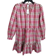 J. Crew NEW Pink Plaid Ruffle-Trim Balloon-Sleeve Mini Dress Pockets Women's 6