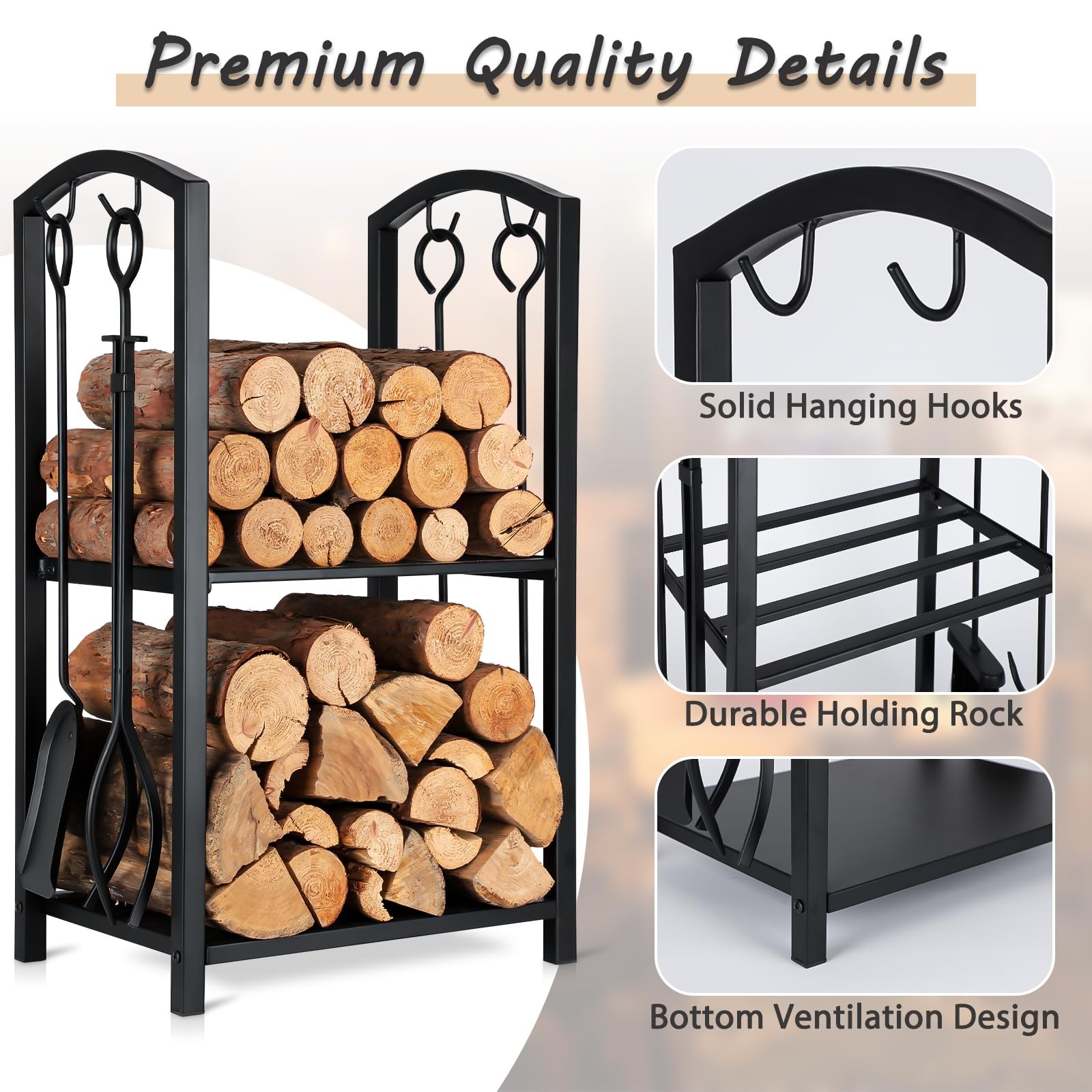 Firewood Rack Indoor Outdoor with Tools, 5-Piece Fireplace Tools Set, Firepla...