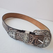 VTG 90's Woman's Western Carved Floral Belt Silver Buckle  Rhinestones Sz S