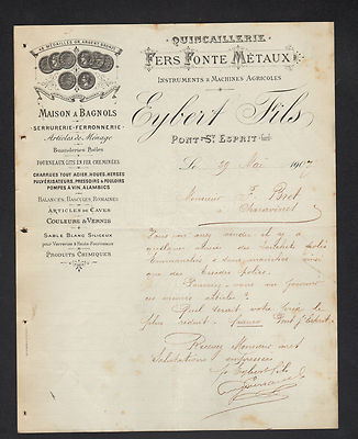 PONT-SAINT-ESPRIT (30) AGRICULTURAL MACHINERY & HARDWARE ''EYBERT Fils'' in 1907