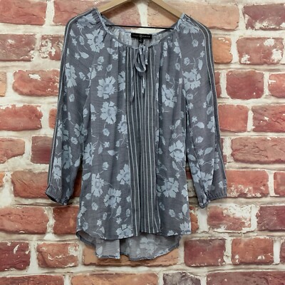 Fred David Top Shirt Womens Medium Gray Floral Crinkle Casual Popover Blouse