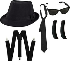 ADULTS MENS BLUES BROTHERS BLACK TRILBY HAT SUNGLASSES TIE SIDEBURNS BRACES STAG