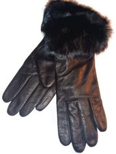 Women's Black Fur Cuff Leather Gloves , Large