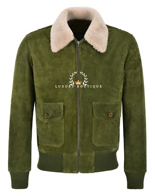 Herren Bomber Wildleder Jacke oliv Fellkragen PILOT TOP GUN Lederjacke
