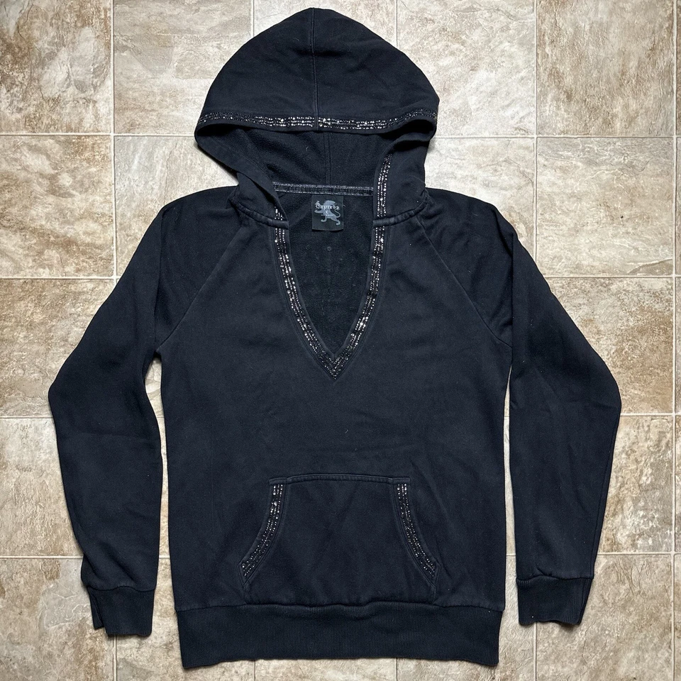 Sudadera con capucha negra deslumbrada Express vintage cuello en V pulóver adornado grunge para mujer L Foto 2 de 4