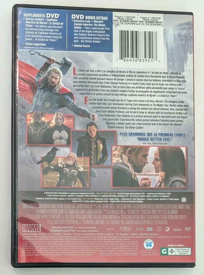 Thor: The Dark World DVD (2013) - Region 1 - FR/EN/ES - VG+ (Tested) - Image 3 of 4