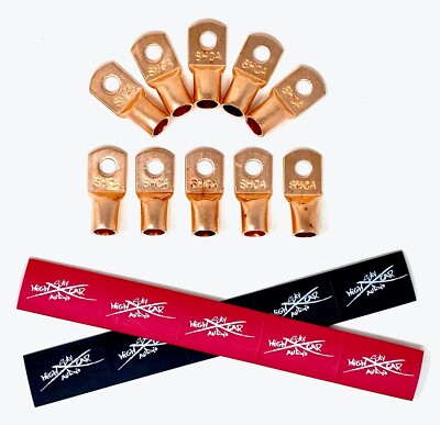 (10) 1/0 Gauge Copper Ring Terminals 3/8'' RED/BLACK Heat Shrink Tubing LUGS