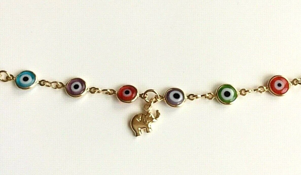ELEFANTE CHAPADO EN ORO 14K 6 TOBILLERA MAL DE OJO 10" LARGO/TOBILLERA OJO ELEFANTE 10" Foto 4 de 4