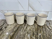 4 Corning Coffee Tea Mugs Cups Beige W/ Dark Blue Trim USA 3 3/4" H 3 1/8" D