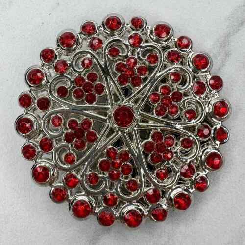 Silver Tone and Red Rhinestone Flower Belt Buckle - Picture 1 of 8