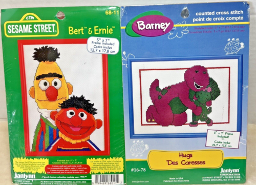 Janlynn Cross Stitch Kit Sesame Street Set Of 2 NEW Bert & Ernie Barney - Afbeelding 1 van 10