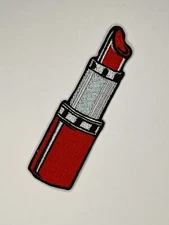 Lipstick Iron-On Patch Red Silver Makeup Embroidery 3.5x1 Inches