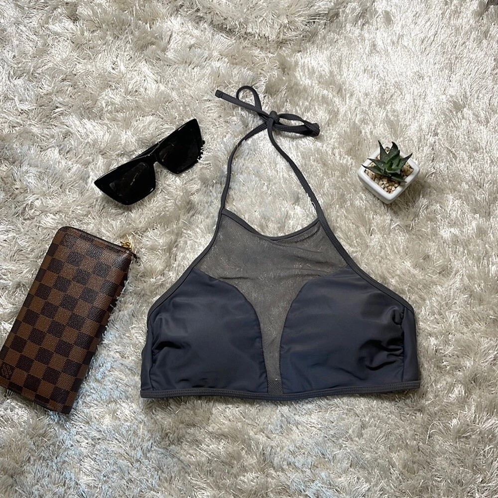 EUC Xhiliration Target Halter Slate Gray Bikini Top Sheer Details