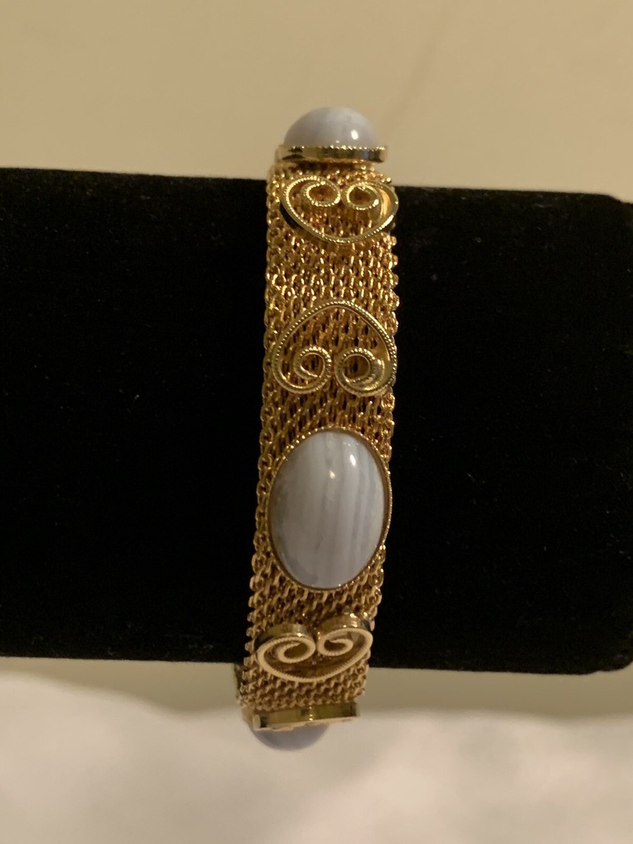 Wide Gold Tone Mesh BRACELET Belt Style With Gray Cabochon  display picture 1