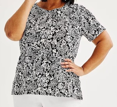Croft & Barrow SS  Knit Top - 100%  Cotton - Black White Beige  - 1X - NEW/TAG