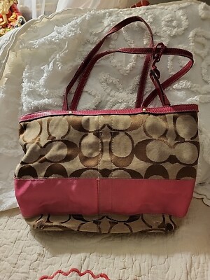 Coach Tan and Brown Signature Jacquard Pink Stripe Shoulder  display picture 1
