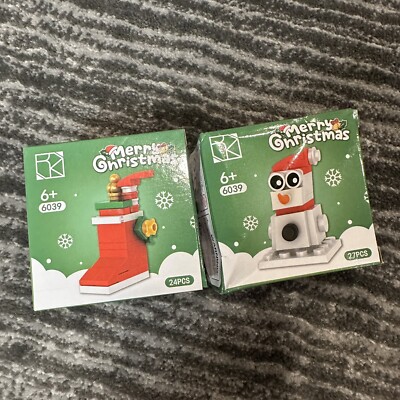 Building Brick Set 2 Holiday Blocks Building 3D Snowman & Christmas Stocking New